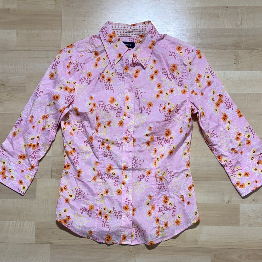 Express Pink Floral Button-Up Blouse